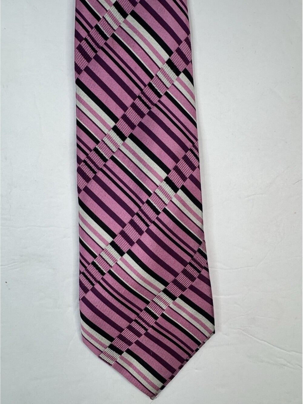 Alfani Men's Necktie Tie Pink Purple Black White Striped Diagonal Silk Business